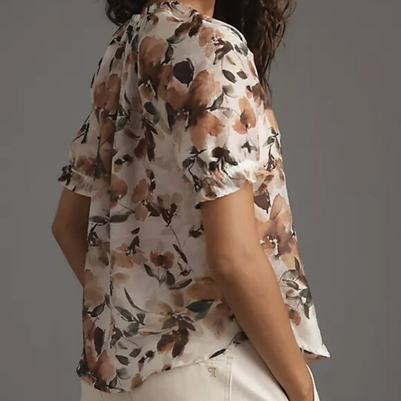 Anthropologie Cloth & Stone Short Sleeve Ruffle Tie-Neck Top - Picture 2 of 7